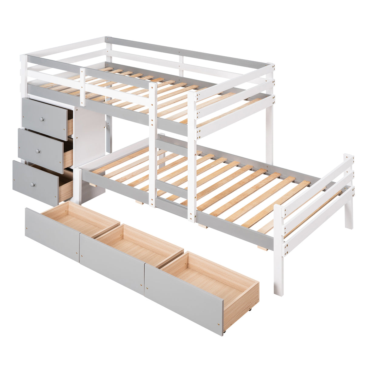 Twin over Twin Loft Bunk Bed with Drawers and Ladder, Gray - Home Elegance USA