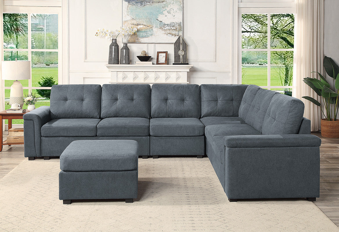 Isla Gray Woven Fabric 7-Seater Sectional Sofa with Ottoman - Home Elegance USA