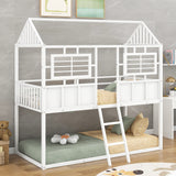 Twin over Twin Size Metal Low Bunk Beds with Roof and Fence-shaped Guardrail, White - Home Elegance USA