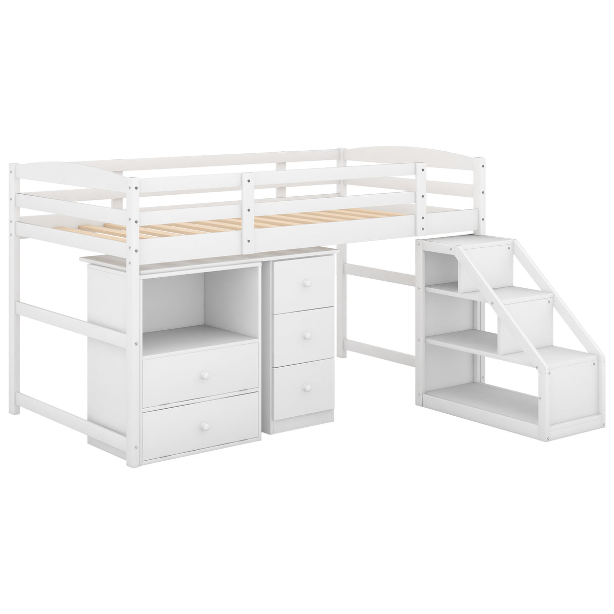 Twin Size Loft Bed with Multifunctional Movable Built-in Desk and and Staircase,White(OLD SKU:GX000925AAK) - Home Elegance USA