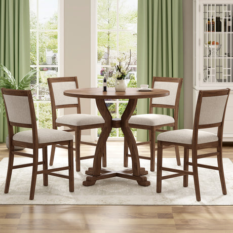 TOPMAX Farmhouse 5-Piece Round Dining Table Set with Trestle Legs and 4 Upholstered Dining Chairs for Small Place, Brown - Home Elegance USA