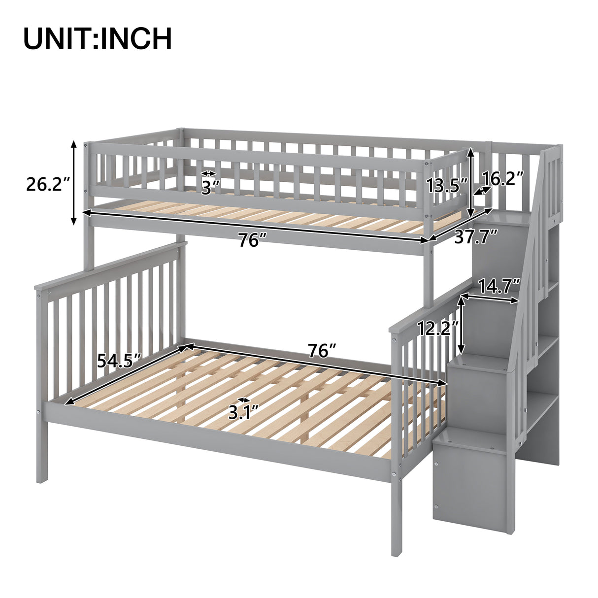 Twin over Full Stairway Bunk Bed with Storage, Gray - Home Elegance USA