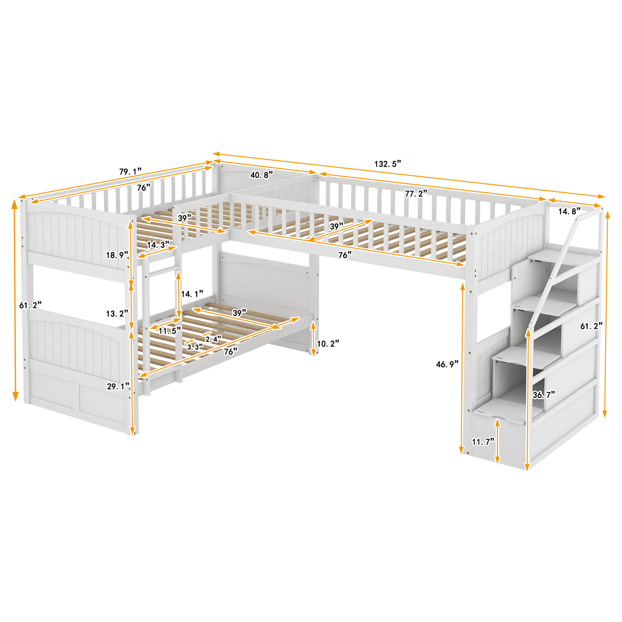 Twin over Twin Wooden L-Shaped Bunk Bed with Ladder and Stairway,White(OLD SKU:SM000303AAK-1) - Home Elegance USA