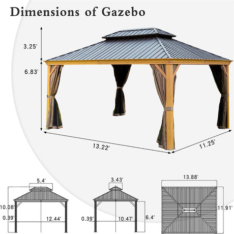 12'x14' Hardtop Gazebo with cedar frame, steel roof, and netting for outdoor use in patios and lawns.