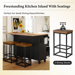 TOPMAX Farmhouse Kitchen Island Set with Drop Leaf and 2 Seatings,Dining Table Set with Storage Cabinet, Drawers and Towel Rack, Black+Rustic Brown - Home Elegance USA