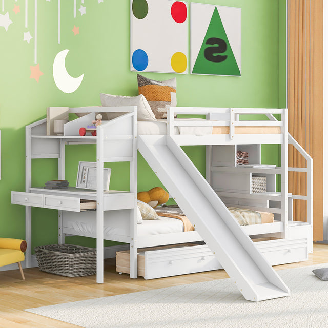 Twin over Twin Bunk Bed with Storage Staircase, Slide and Drawers, Desk with Drawers and Shelves, White - Home Elegance USA