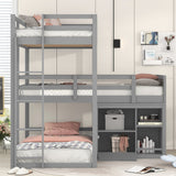 L-shaped Wood Triple Twin Size Bunk Bed with Storage Cabinet and Blackboard, Ladder, Gray - Home Elegance USA