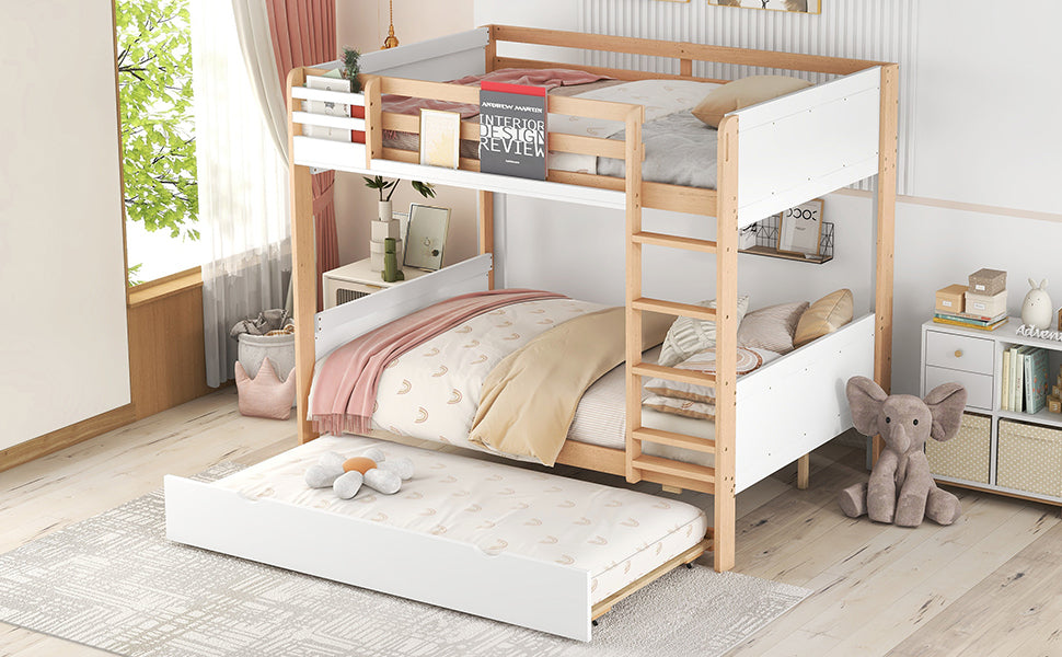 Full over Full Bunk Bed with Storage Shelves, Twin Size Trundle and Ladder, White - Home Elegance USA