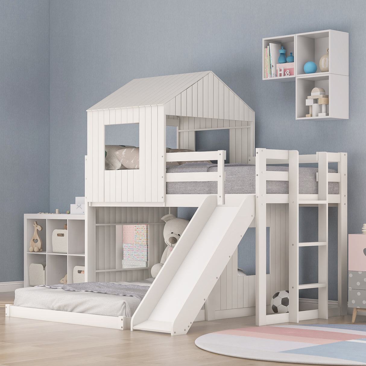 Wooden Twin Over Full Bunk Bed, Loft Bed with Playhouse, Farmhouse, Ladder, Slide and Guardrails, White(OLD SKU :LT000028AAK) - Home Elegance USA