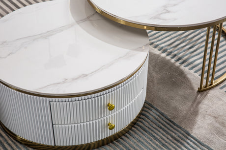 Modern Nesting MDF Coffee Table Set of 2, Round White End Table, Sintered Stone Appearance with Gold Finish Metal Base - Home Elegance USA