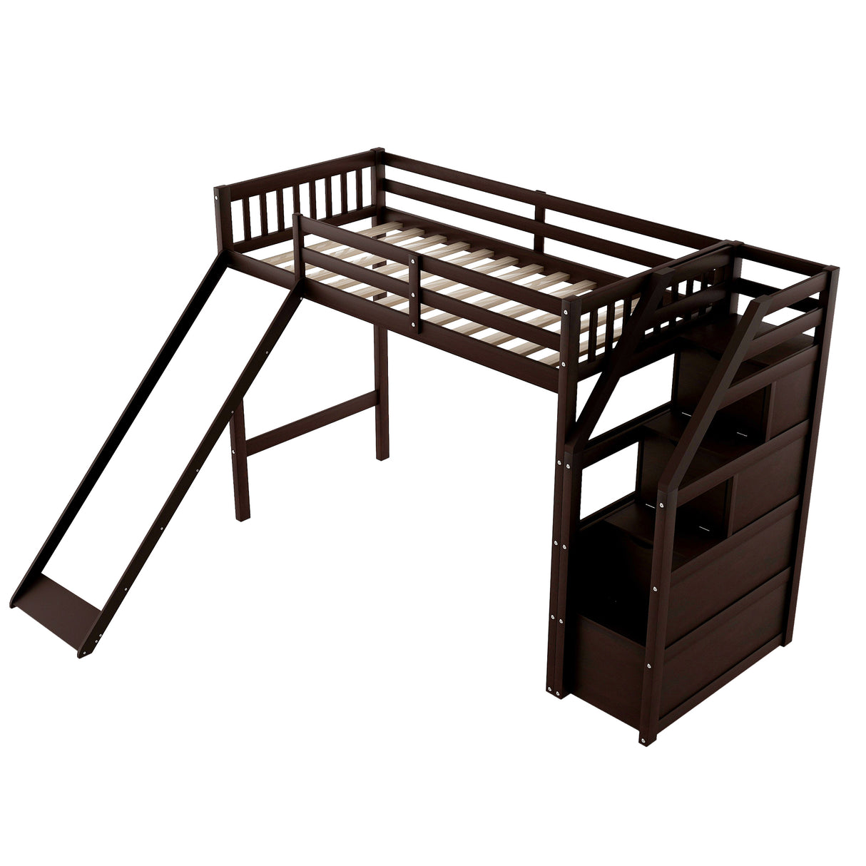 Twin Size Loft Bed with Storage and Slide, Espresso - Home Elegance USA