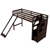 Twin Size Loft Bed with Storage and Slide, Espresso - Home Elegance USA