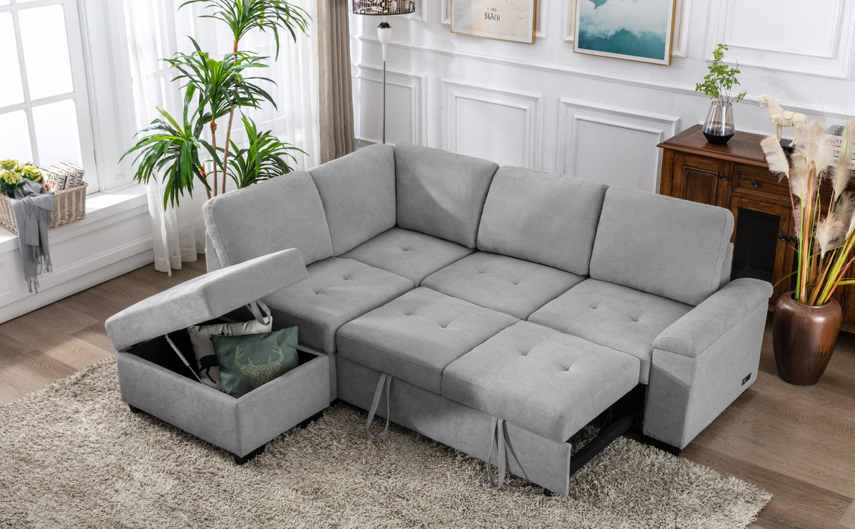 Sleeper Sectional Sofa, L-Shape Corner Couch Sofa-Bed with Storage Ottoman & Hidden Arm Storage & USB Charge  for Living Room Apartment, Gray - Home Elegance USA