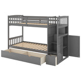 Twin over Full/Twin Bunk Bed, Convertible Bottom Bed, Storage Shelves and Drawers, Gray - Home Elegance USA