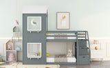 Twin Over Twin Bunk Bed with Storage Stairs,Wood Bed with Roof, Window, Guardrail, Ladder，Gray+White - Home Elegance USA