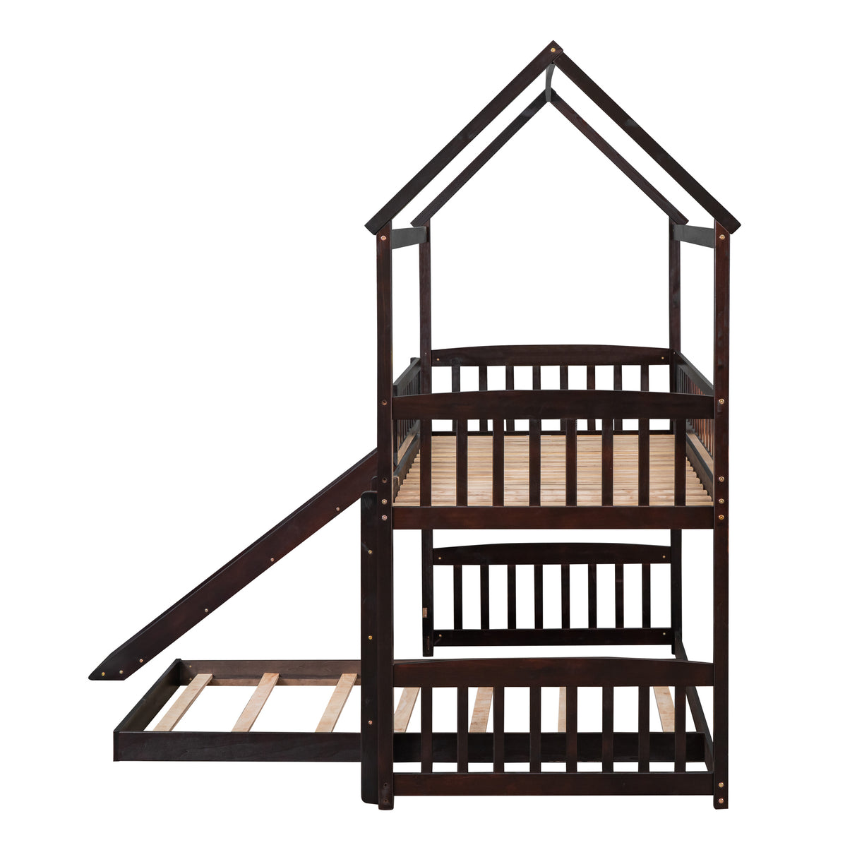 Twin Over Twin Bunk Bed with Slide, House Bed with Slide, Espresso(OLD SKU: LT000214AAP) - Home Elegance USA