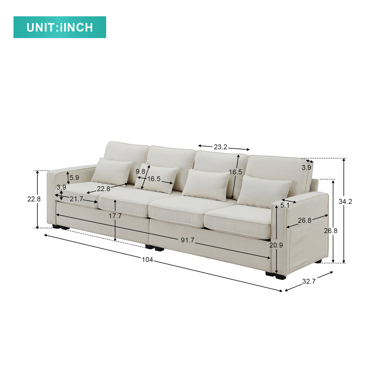 [VIDEO provided] [New] 104" 4-Seater Modern Linen Fabric Sofa with Armrest Pockets and 4 Pillows,Minimalist Style Couch for Living Room, Apartment, Office,3 Colors Home Elegance USA