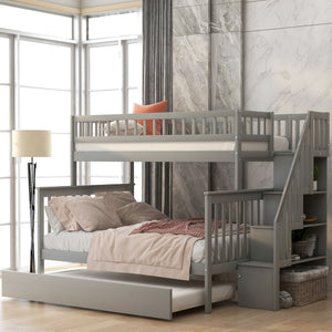 Twin over Full Bunk Bed with Trundle and Staircase,Gray - Home Elegance USA