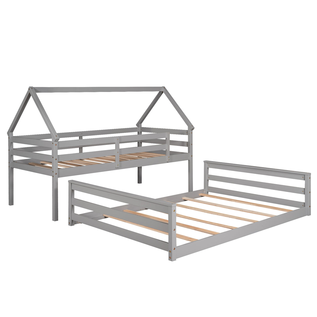 Twin over Full House Bunk Bed with Built-in Ladder,Gray - Home Elegance USA