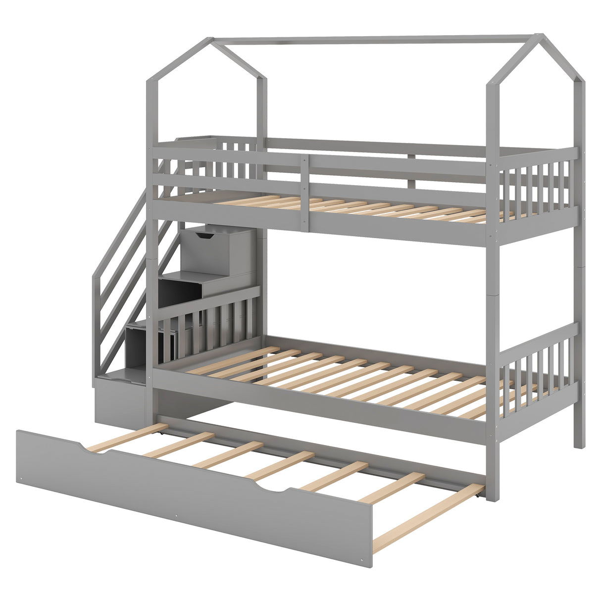 Multifunctional Twin over Twin House Bunk Bed with Staircase and Storage Space,Gray - Home Elegance USA