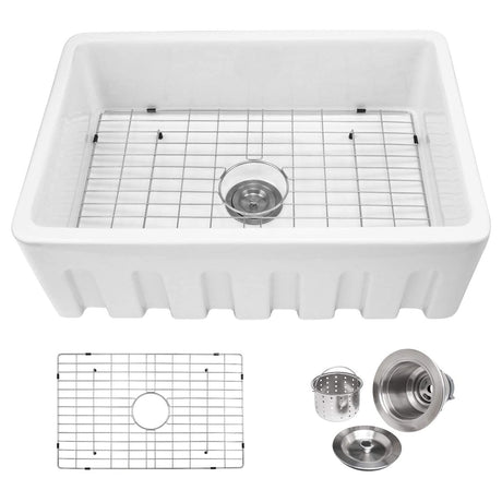30" Single Basin Farmhouse Kitchen Sink with Basket Strainer