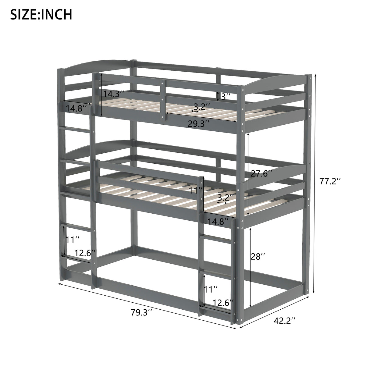 Twin over Twin over Twin Triple Bunk Bed,Gray - Home Elegance USA