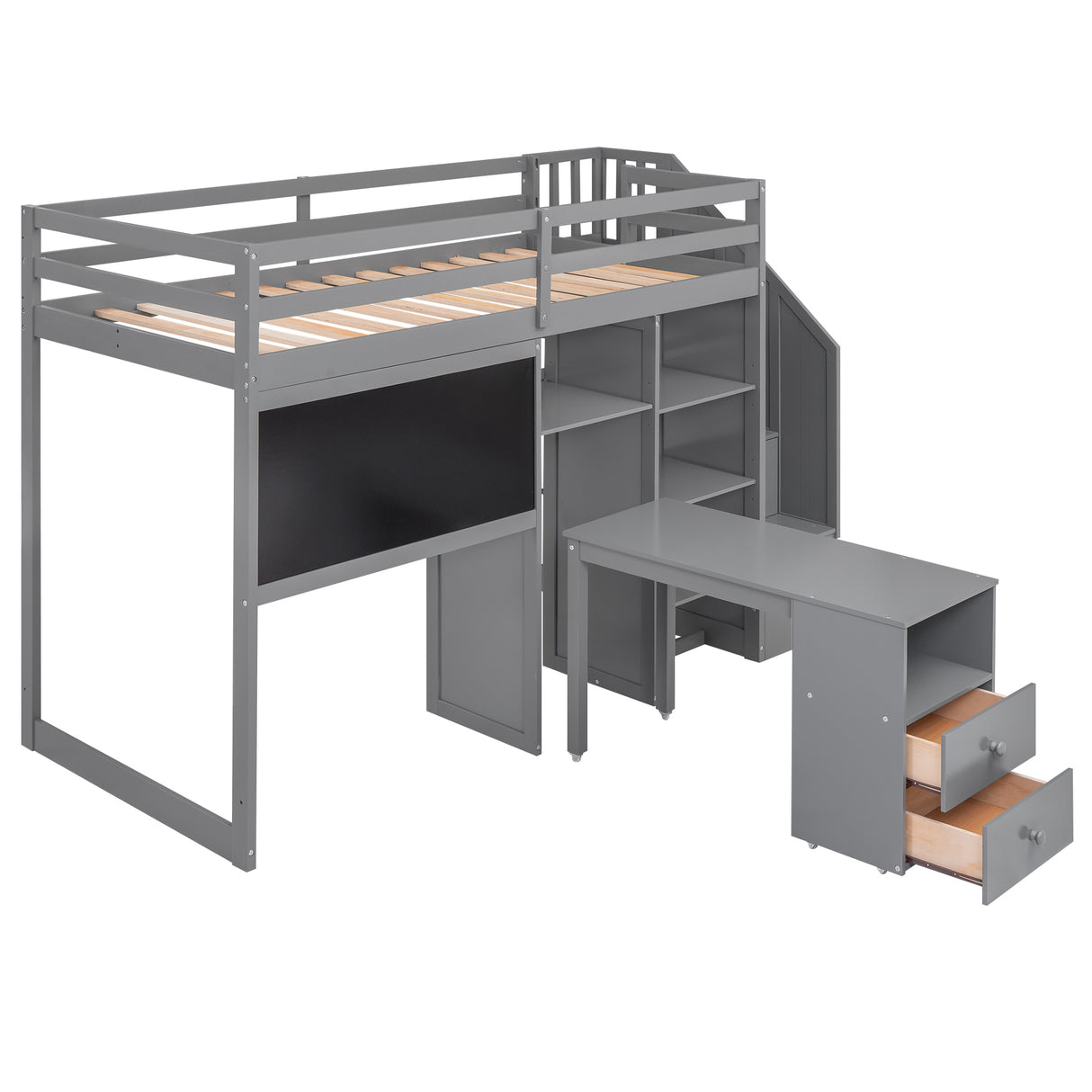 Twin Size Loft Bed with Pullable Desk and Storage Shelves,Staircase and Blackboard,Gray - Home Elegance USA