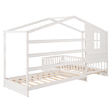 Wood House Bed Twin Size, 2 Twin Solid Bed L structure with fence and slatted frame （White) - Home Elegance USA