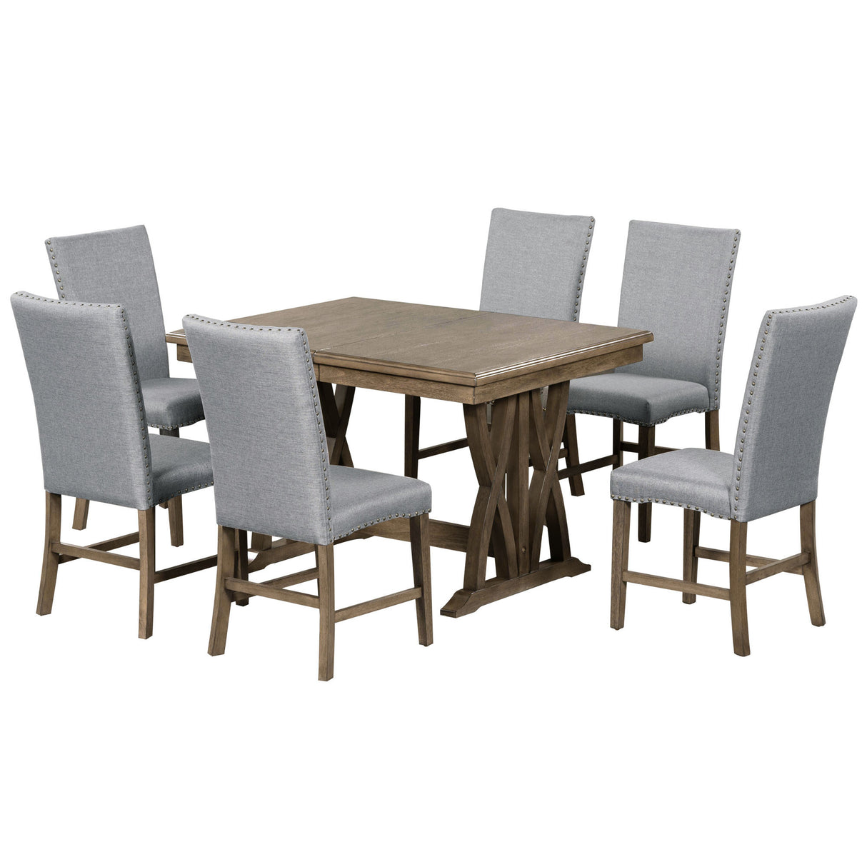 TOPMAX Mid-Century Solid Wood 7-Piece Dining Table Set Extendable Kitchen Table Set with Upholstered Chairs and 12" Leaf for 6, Golden Brown+Gray Cushion - Home Elegance USA