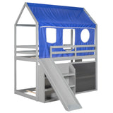 Twin over Twin House Bunk Bed with Blue Tent, Slide, Shelves and Blackboard, Gray - Home Elegance USA