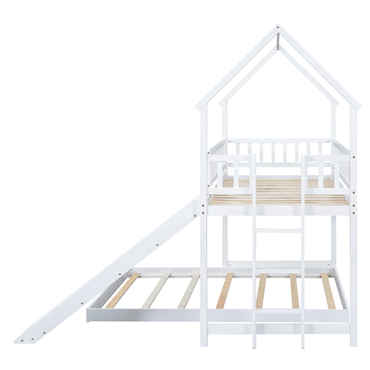 Twin over Full House Bunk Bed with Slide and Built-in Ladder, Full-Length Guardrail, White (Expected Arrival Time:8.10) - Home Elegance USA