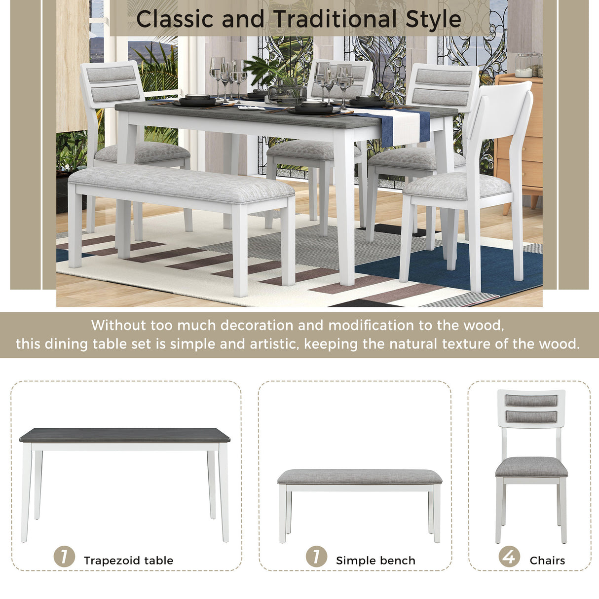 TREXM Classic and Traditional Style 6 - Piece Dining Set, Includes Dining Table, 4 Upholstered Chairs & Bench (White+Gray) - Home Elegance USA