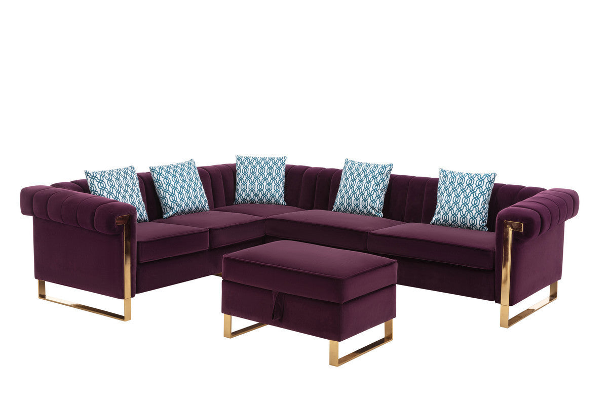 Maddie Purple Velvet 6-Seater Sectional Sofa with Storage Ottoman - Home Elegance USA