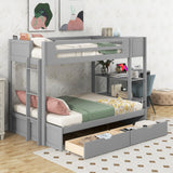 Wood Twin over Full Bunk Bed with Drawers, Shelves, Cabinets, L-shaped Desk and Magazine Holder, Gray - Home Elegance USA