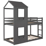 Twin Over Twin Bunk Bed Wood Bed with Roof, Window, Guardrail, Ladder (Gray) - Home Elegance USA
