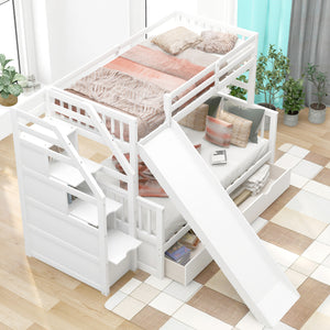 Twin over Full Bunk Bed with Drawers,Storage and Slide, Multifunction, White - Home Elegance USA