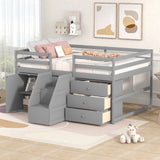 Full Size Functional Loft Bed with Cabinets and Drawers, Hanging Clothes at the back of the Staircase, Gray - Home Elegance USA