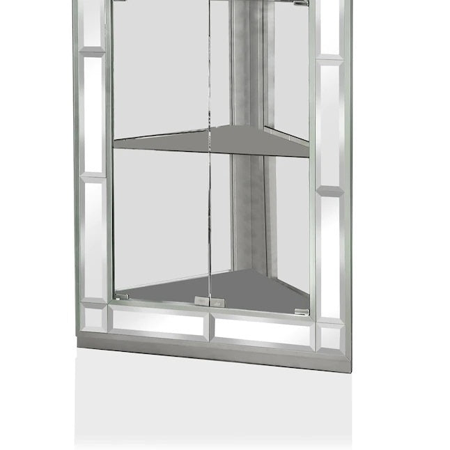 Curio Cabinet Silver Glass Corner Design Shelf's Contemporary Design  1pc Home Elegance USA