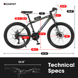 S24102  Elecony Saver100 24 Inch Mountain Bike Boys Girls, Black Steel Frame, Shimano 21 Speed Mountain Bicycle with Daul Disc Brakes and Front Suspension MTB