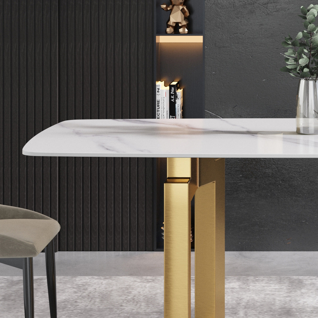 63"Modern artificial stone white curved golden metal leg dining table -6 people - Home Elegance USA