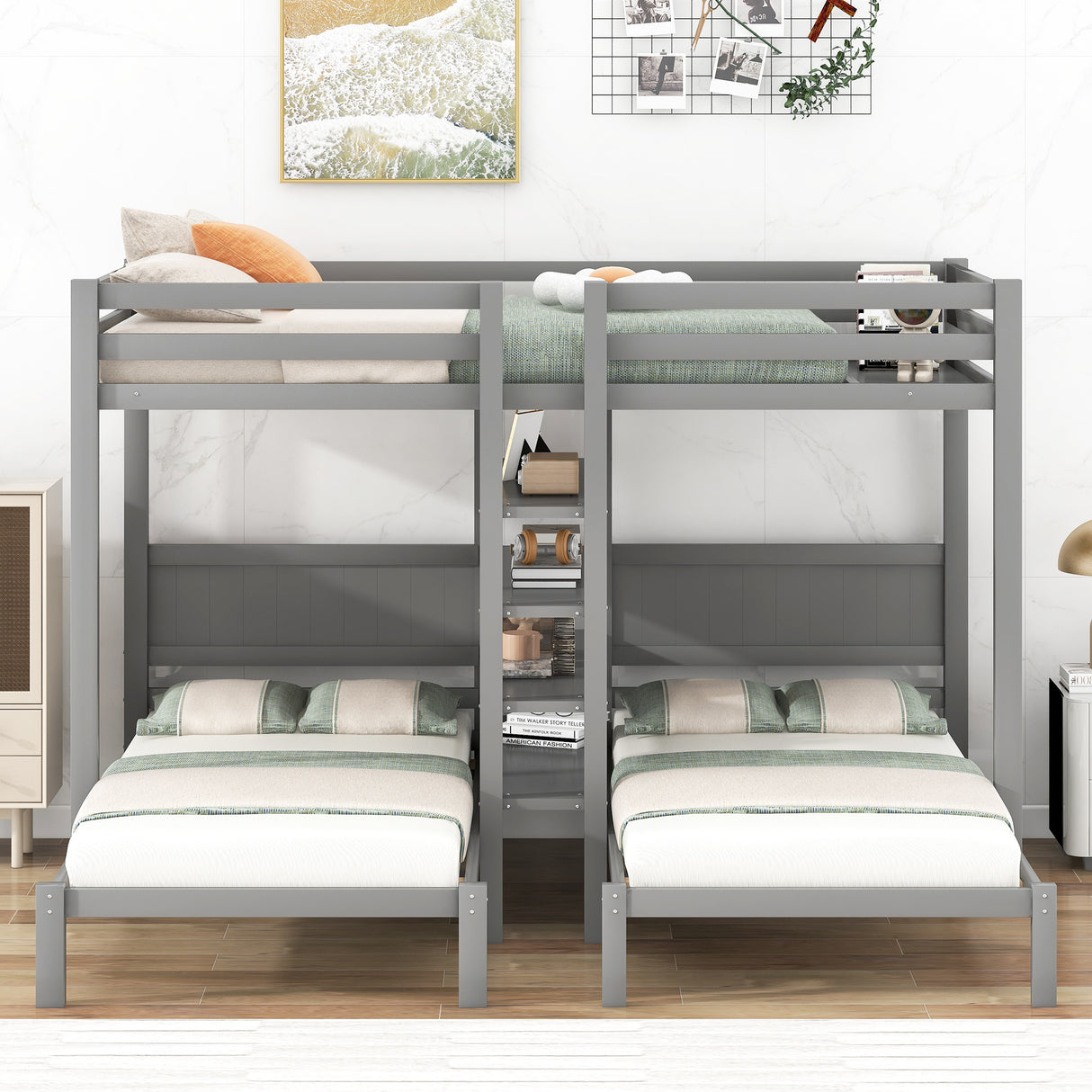 Twin XL over Twin&Twin Bunk Bed with Built-in Four Shelves and Ladder,Gray - Home Elegance USA