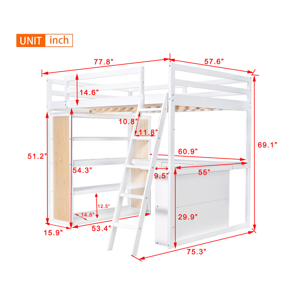 Full Size Loft Bed with Ladder, Shelves, and Desk, White - Home Elegance USA