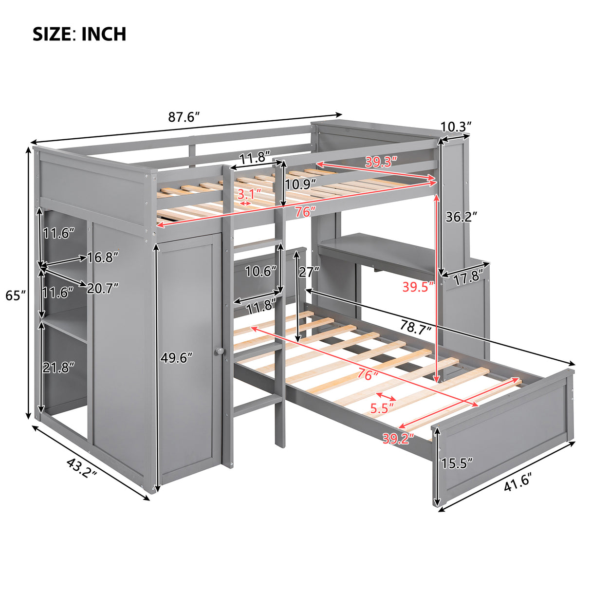 Twin size Loft Bed with a Stand-alone bed, Shelves,Desk,and Wardrobe-Gray - Home Elegance USA