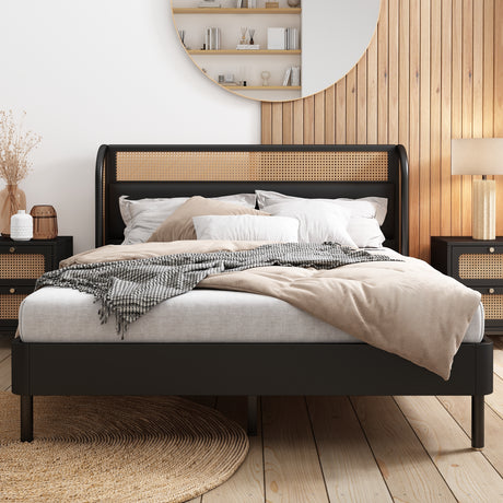 Modern Cannage Rattan Wood Platform Queen Bed, Black Home Elegance USA