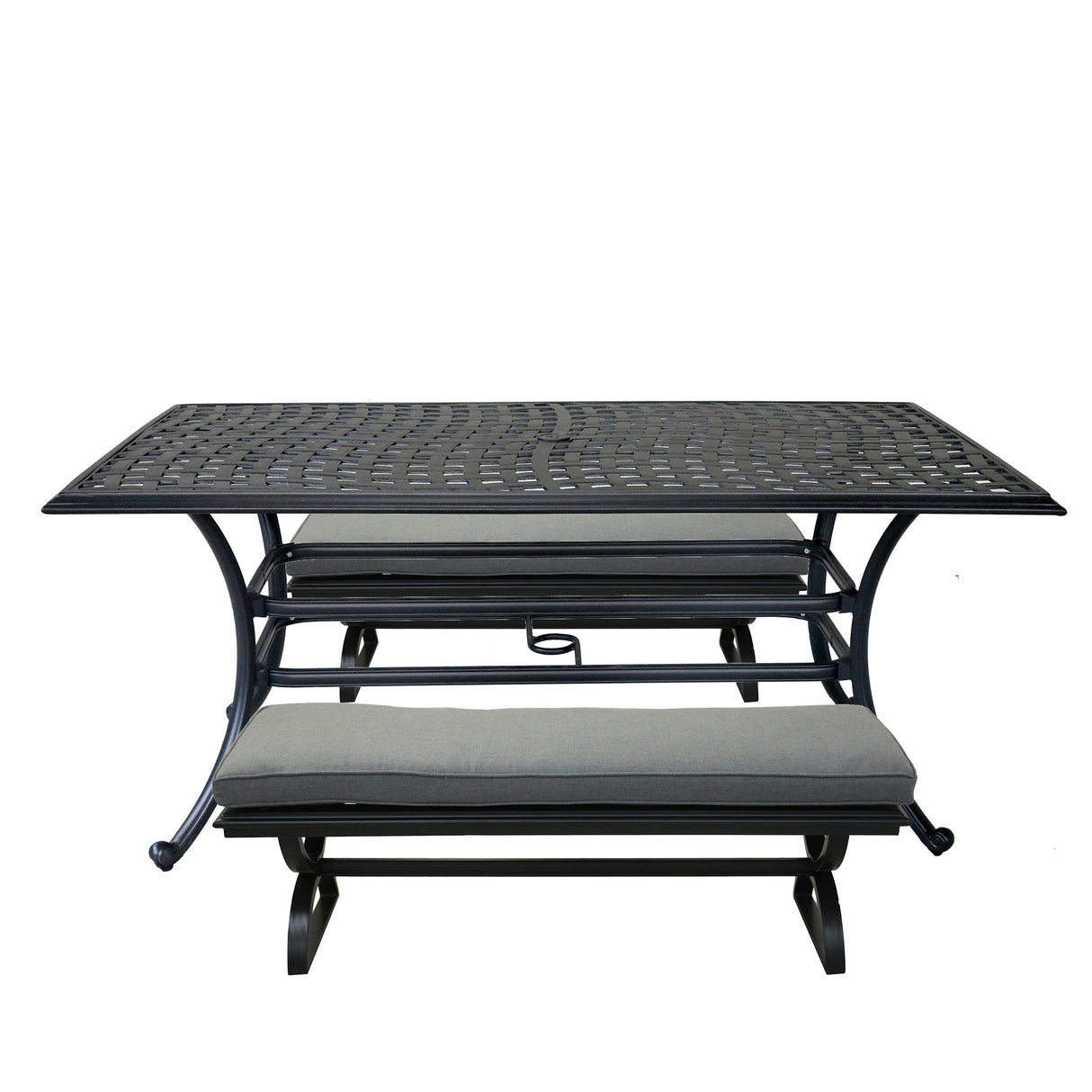3 Piece Aluminum Dining Set, Rectangular table and Benches, Cast Slate