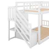 Twin over Twin Floor Bunk Bed, Ladder with Storage, White - Home Elegance USA