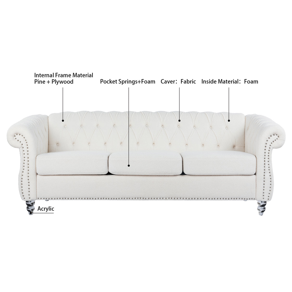 84.65" Rolled Arm Chesterfield 3 Seater Sofa - W68058494 - image - 10