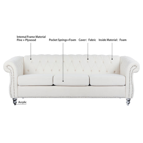 84.65" Rolled Arm Chesterfield 3 Seater Sofa - W68058494 - image - 10