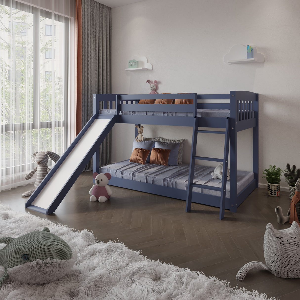 Yes4wood Kids Bunk Bed Twin Over Twin with Slide & Ladder, Heavy Duty Solid Wood Twin Bunk Beds Frame with Safety Guardrails for Toddlers, Blue - Home Elegance USA