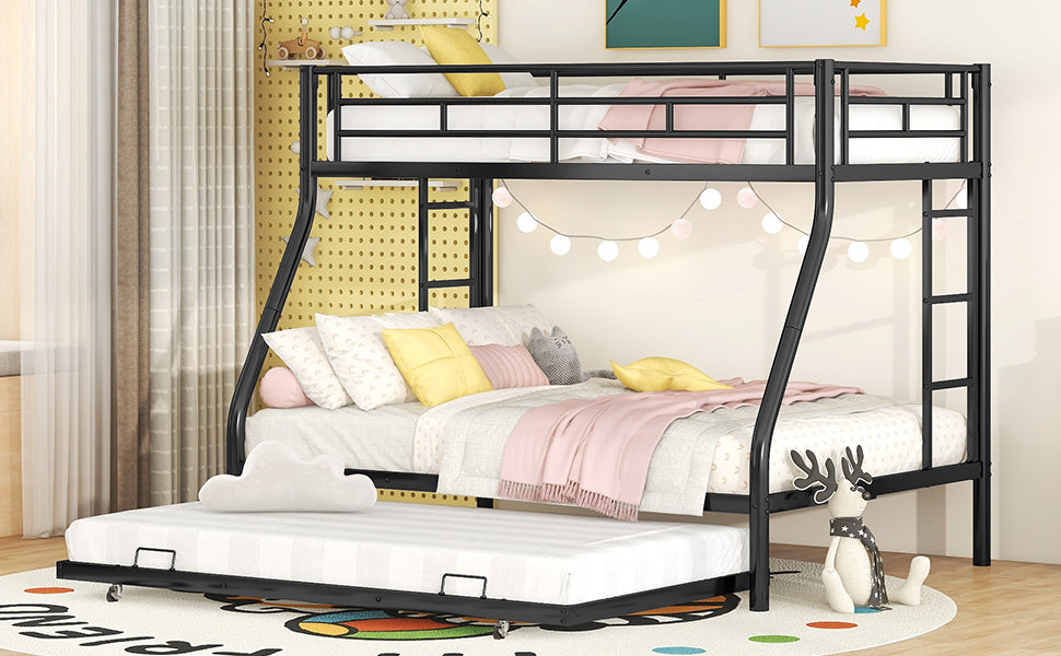 Twin over Full Bed with Sturdy Steel Frame, Bunk Bed with Twin Size Trundle, Two-Side Ladders, Black - Home Elegance USA